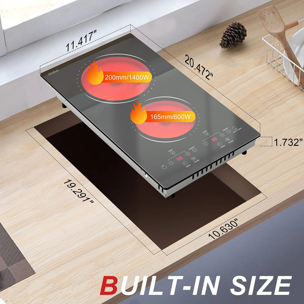 12 Inch 2 Burner Built-in Radiant Electric Stove，110v-120v Plug In，2000W，with Safety Lock, Timer, Over-Temperature Protection