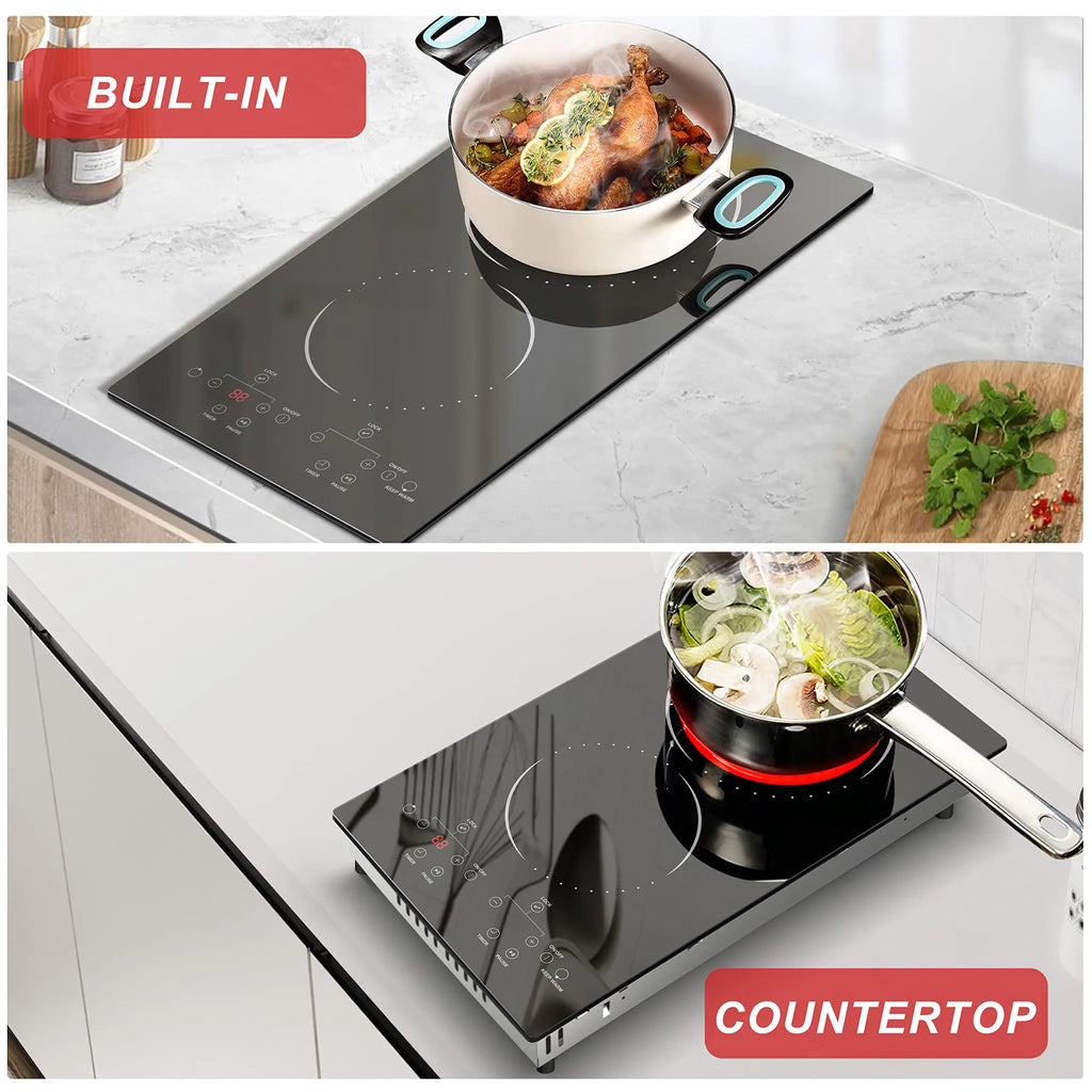 12 Inch 2 Burner Built-in Radiant Electric Stove，110v-120v Plug In，2000W，with Safety Lock, Timer, Over-Temperature Protection