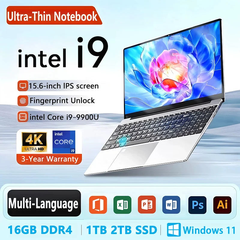 15.6'' New Laptops Windows 11 Laptop Intel i9 9900U 16GB RAM 1TB SSD Portable Office Study Laptop Computer Gaming Notebook