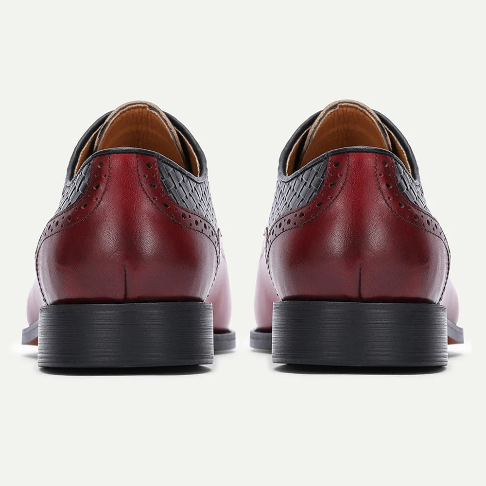 Men's Classic Oxford Leather Shoes Red Black Woven Pattern Embossed Business Dress Shoes Lace-Up Closure PVC Insole Cross-Border