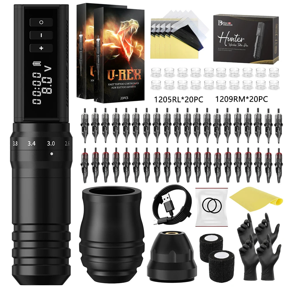 XNET 2.2-4.2mm Adjustable Stroke Professional Tattoo Gun Set Wireless Tattoo Pen Machine Complete Full Kit Set for Artists