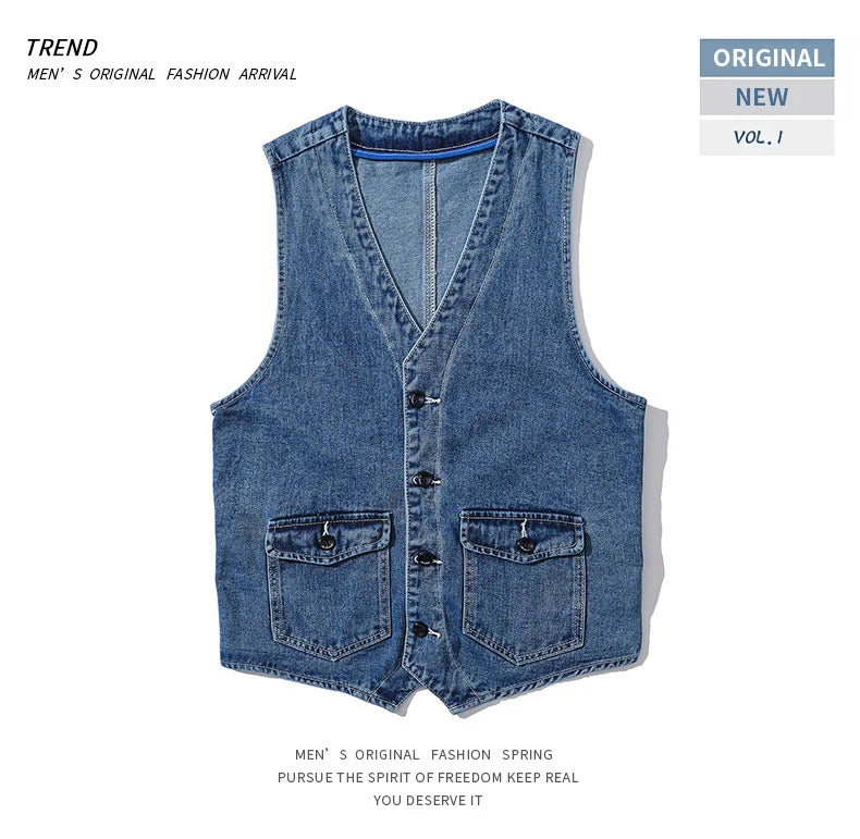 Denim Vest Men's Jacket Spring Autumn Jeans Jacket V-neck Design Korean Vest Loose Casual Fashion All-match Style Male Clothing