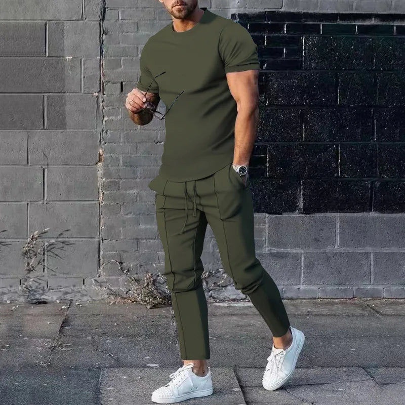 Sports Suit Men's Solid Color Casual Round Neck Short Sleeved Sports T-shirt+pocket Pants Two-piece Set Streetwear - Free Item Weekend (50% off).