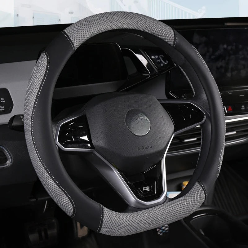 Universal Car Steering Wheel Cover Metal Strip Anti Slip Pattern Faux Leather Covers for 38cm Diameter Auto Steering Wheel
