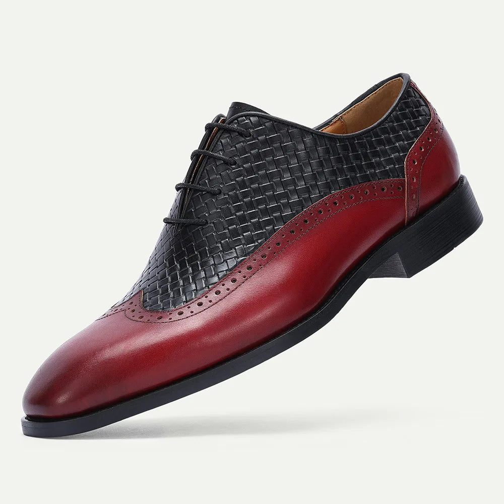 Men's Classic Oxford Leather Shoes Red Black Woven Pattern Embossed Business Dress Shoes Lace-Up Closure PVC Insole Cross-Border