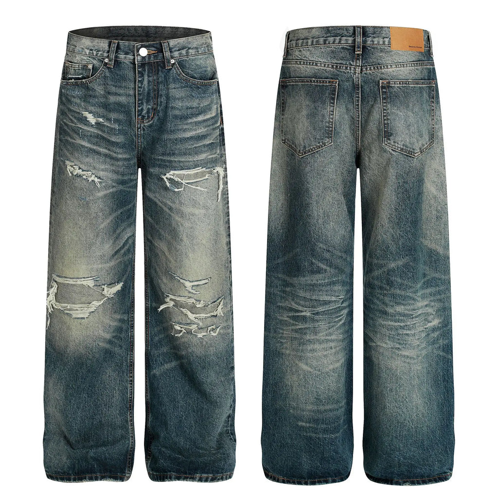 Men's Loose Ripped Jeans - Vintage Distressed Curved Silhouette, Washed Denim, High-End American Streetwear