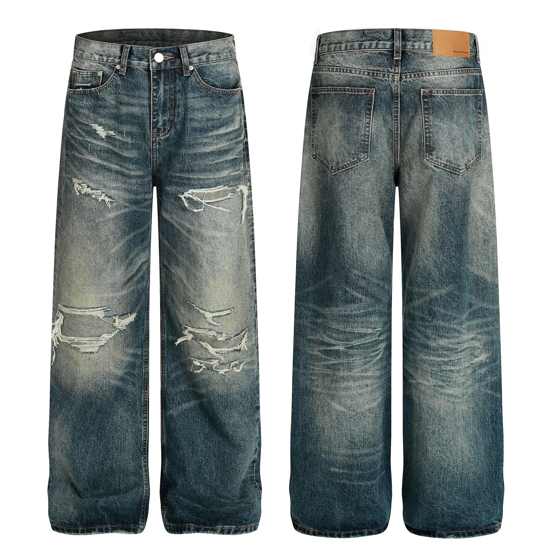Men's Loose Ripped Jeans - Vintage Distressed Curved Silhouette, Washed Denim, High-End American Streetwear