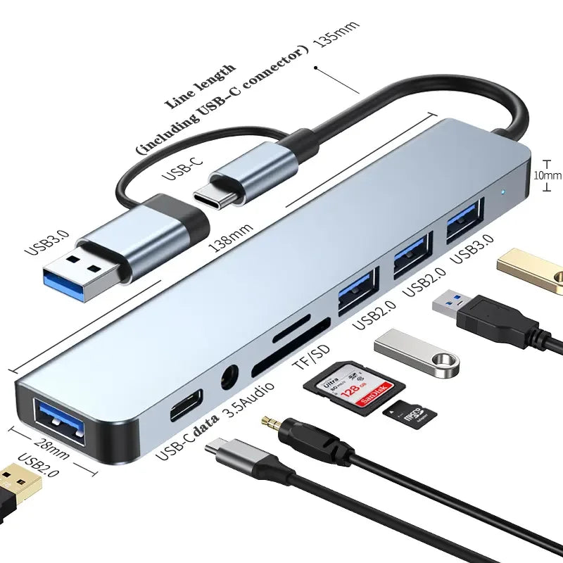 OEM New 8 in 1 USB C Expander Docking Station TF SD Card Reader Pd Splitter USB 3.0 Port Hub Laptop Adapter Nouveau Design Box