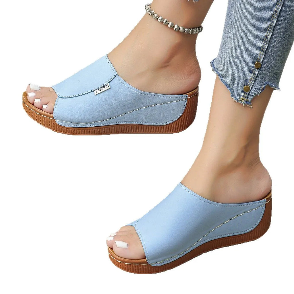 QF1 Summer Open-Toe Outdoor Knitted Sandals One-Strap Wedge Thick-Soled Peep-Toe Style Platform PU for Beach