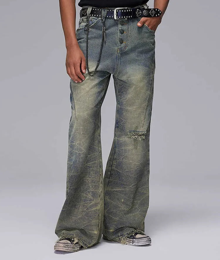 Vintage Retro High Street Style Ripped Fringe Jeans for Men, High-quality Men's Trousers, Factory-made Wide-leg Pants for Men