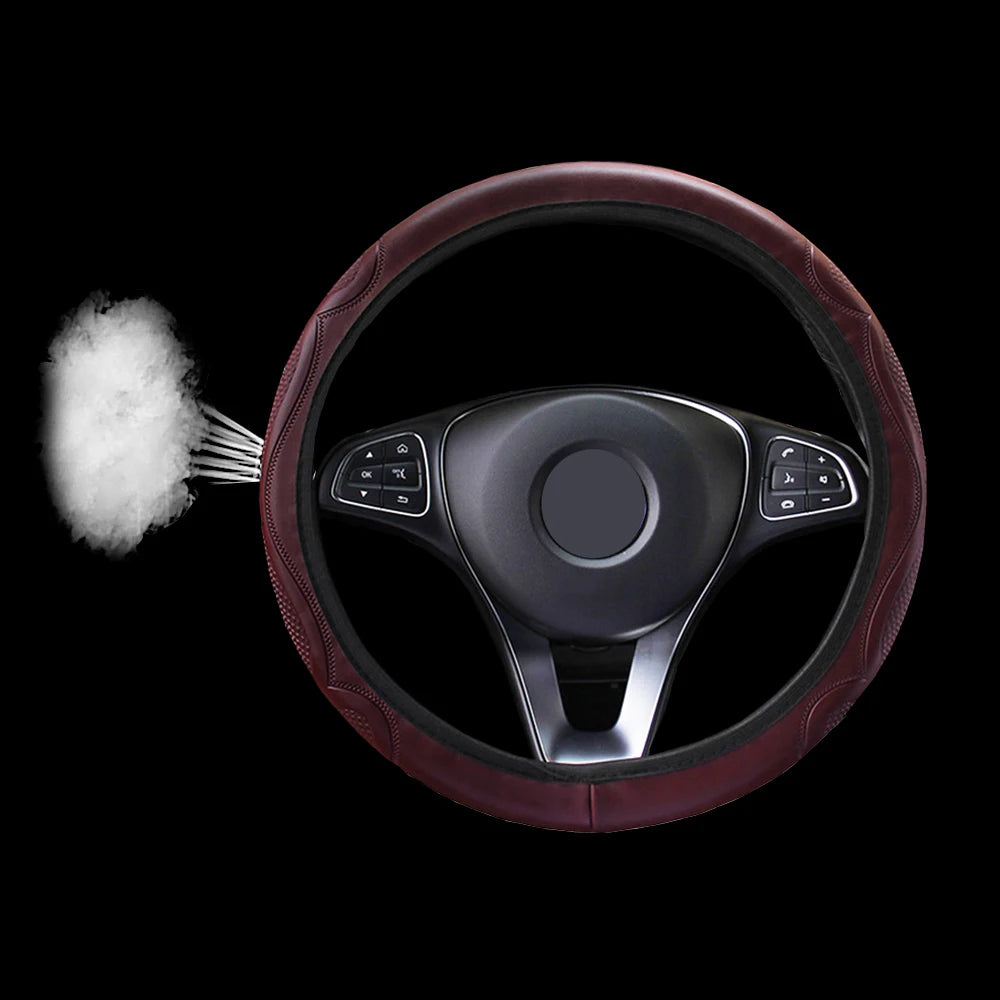 38cm Wine Red Car Steering Wheel Cover Soft Leather Breathable Anti-slip Cover Universal Soft Fibe Leather Steering Accessories