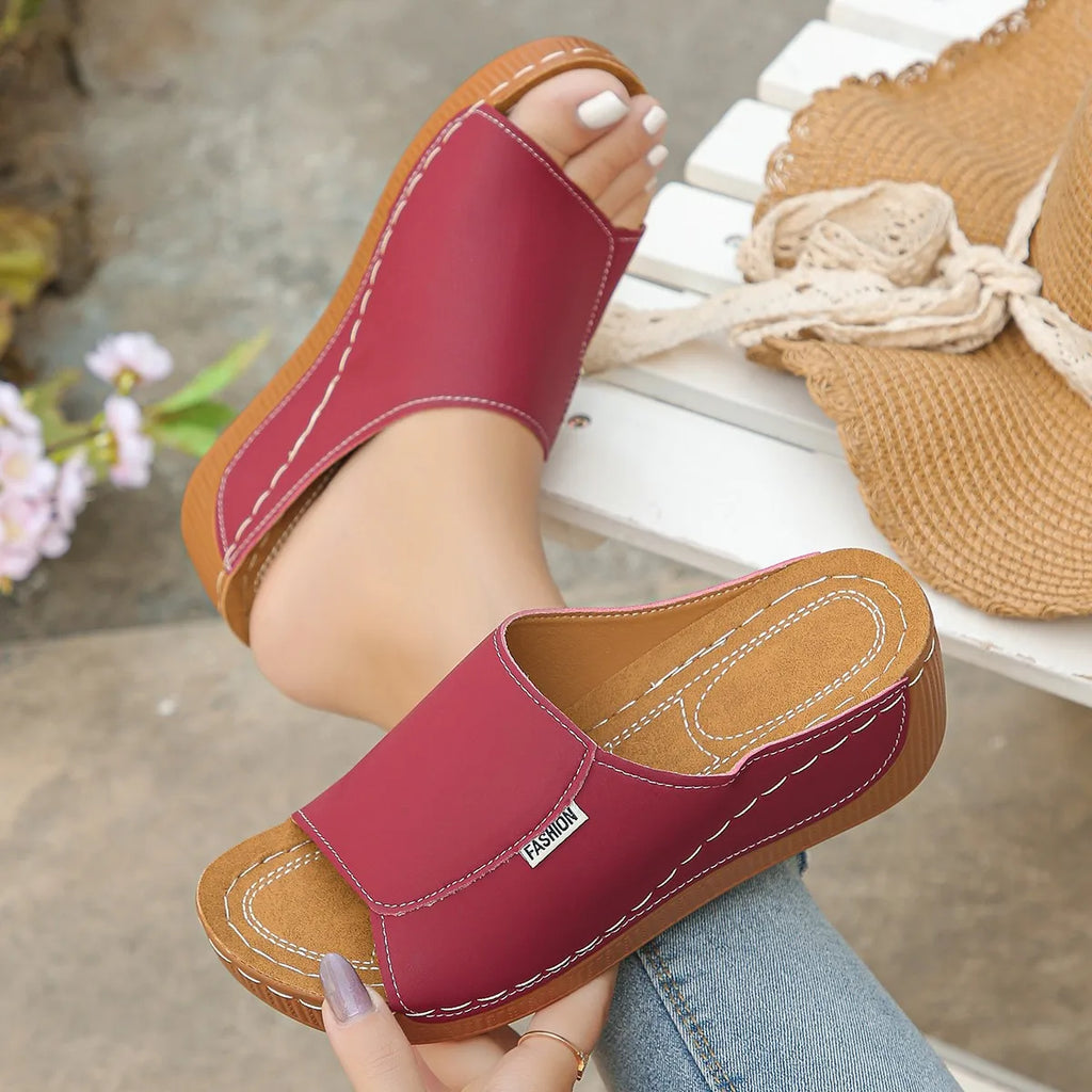 QF1 Summer Open-Toe Outdoor Knitted Sandals One-Strap Wedge Thick-Soled Peep-Toe Style Platform PU for Beach