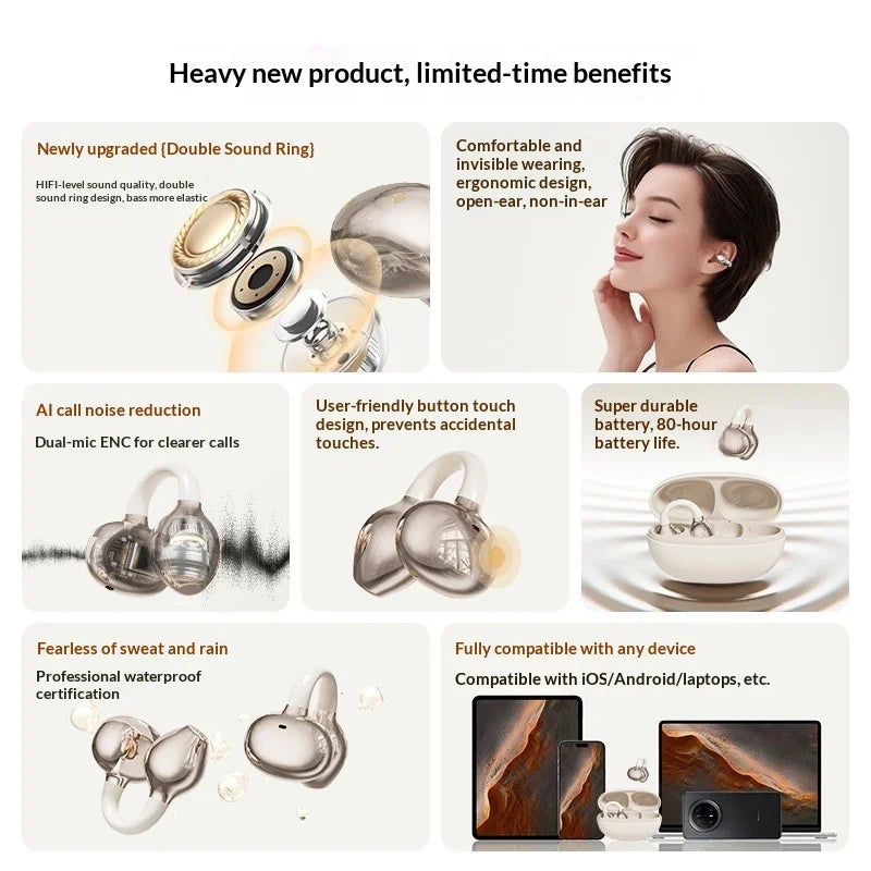 CClip-on Earbuds Wireless Bluetooth Open Ear Headphones with Detachable Crystal Bowknot Earrings, For Sports, Fitness & Workouts - Free Items Weekend.
