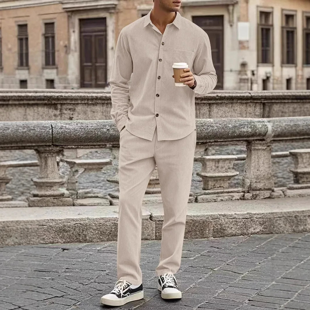 Fashion Men's 2-Piece Suit Casual Button Down Cardigan Long Sleeve and Long Pants Spring Autumn Suit