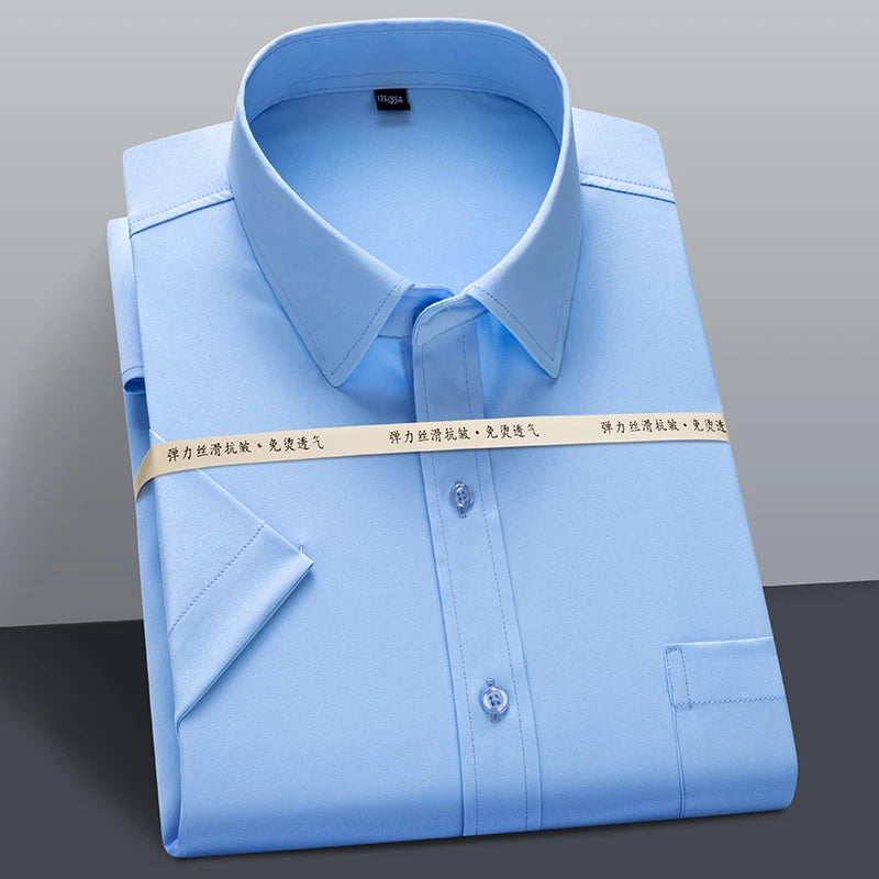 Men's Summer Short Sleeve Stretch Striped Dress Shirts Standard-fit Formal Business Wrinkle Resistant Thin Classic Basic Shirt