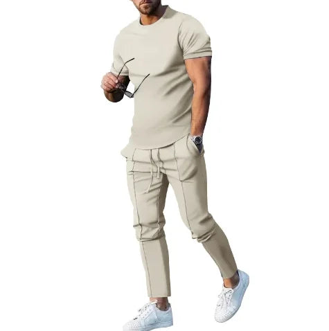 Sports Suit Men's Solid Color Casual Round Neck Short Sleeved Sports T-shirt+pocket Pants Two-piece Set Streetwear - Free Item Weekend (50% off).