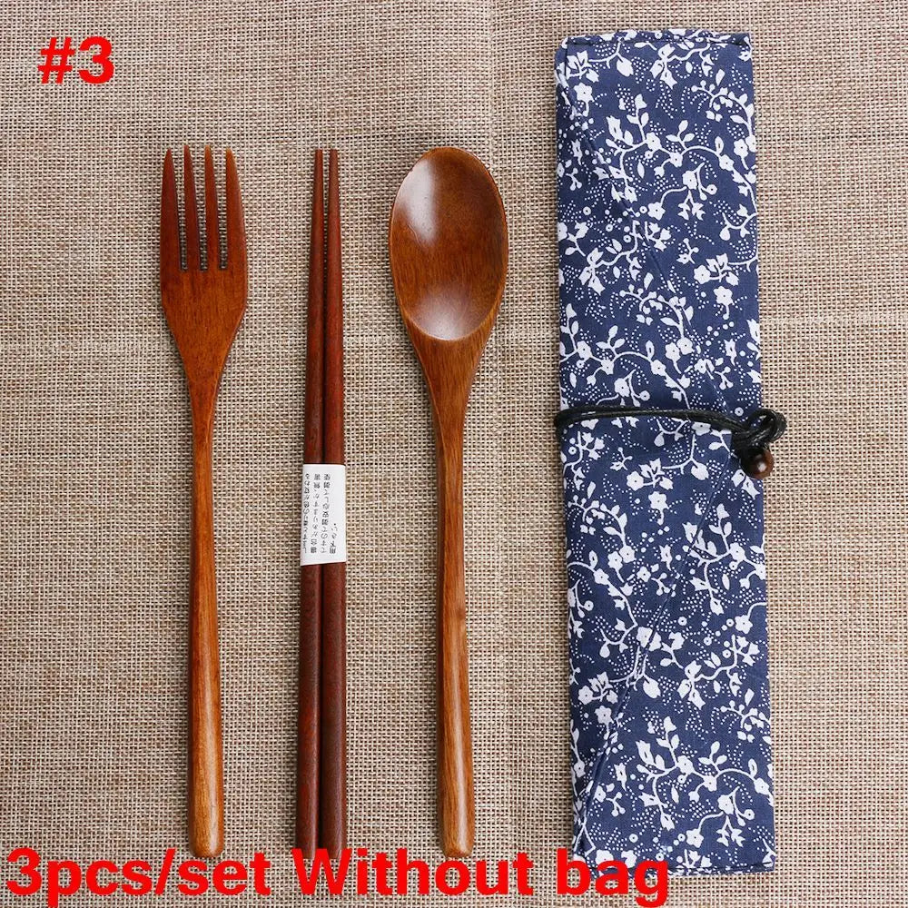 Kitchen Cutlery Set Portable Spoon Fork Chopsticks Natural Cloth Bag Wooden