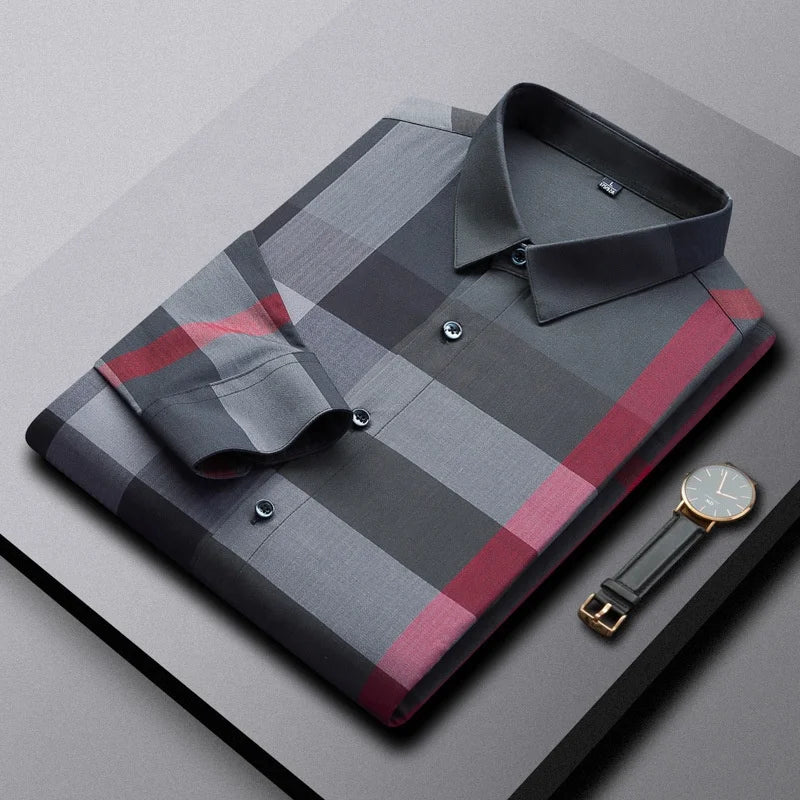 Men's High-End Fashion Long Sleeve Plaid Shirt Casual Non-Iron Striped Design Anti-Pilling Feature for Autumn Season