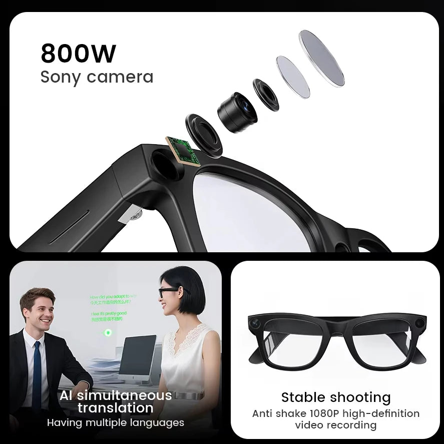 E03C S1 AI Smart Glasses 800W Camera Call Playing Music Real-time Translation Magnetic Charging 1080P Video IPX-4 Waterproof