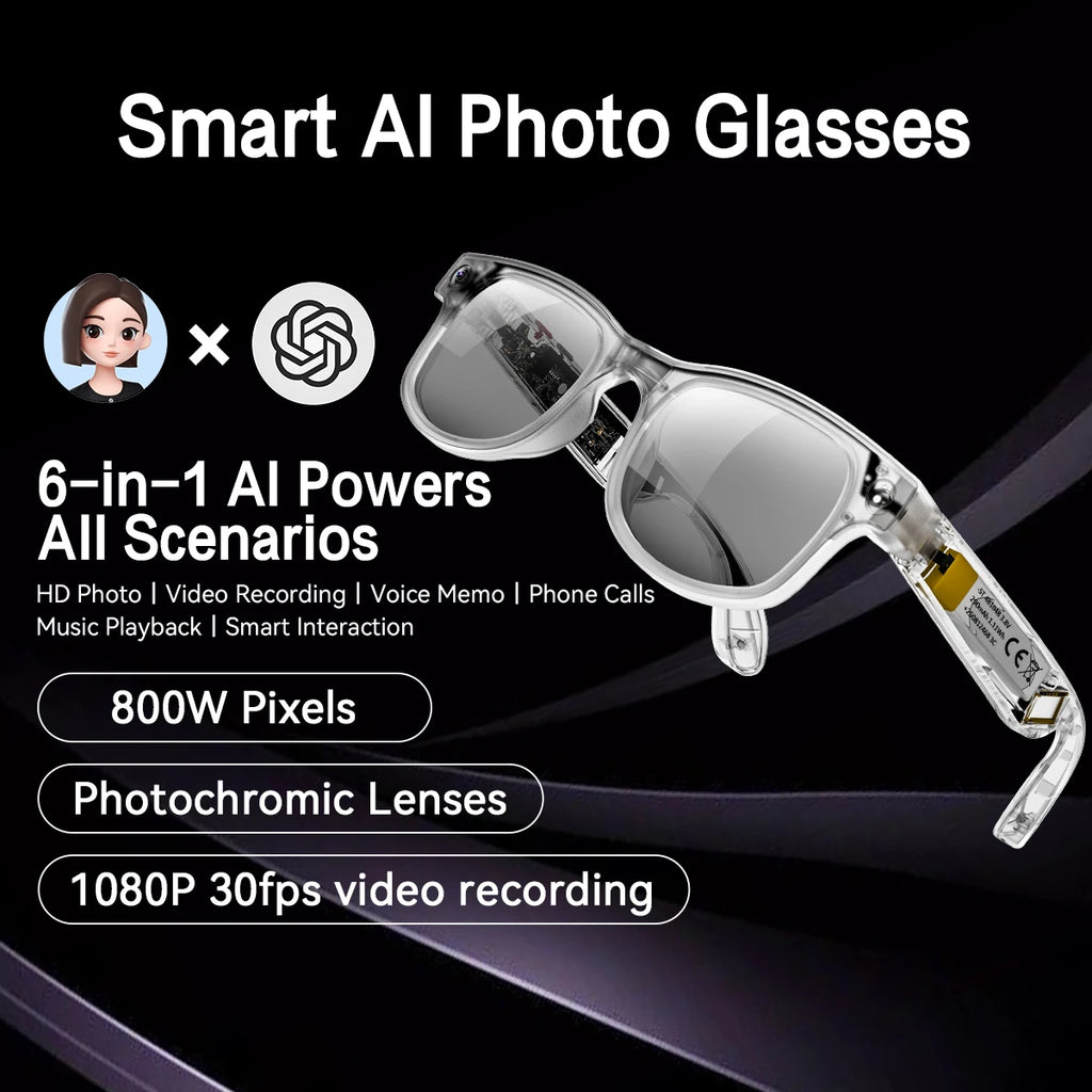 G2 Real-Time Translator Smart Glasses AI Voice Translation 8MP Camera for 32GB Music Player Wireless-Charge for Travel