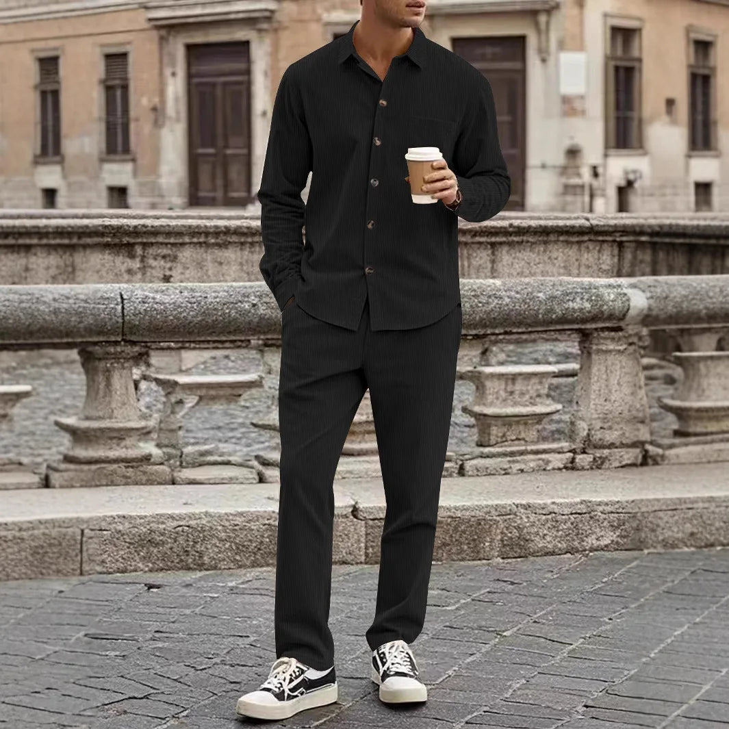 Fashion Men's 2-Piece Suit Casual Button Down Cardigan Long Sleeve and Long Pants Spring Autumn Suit