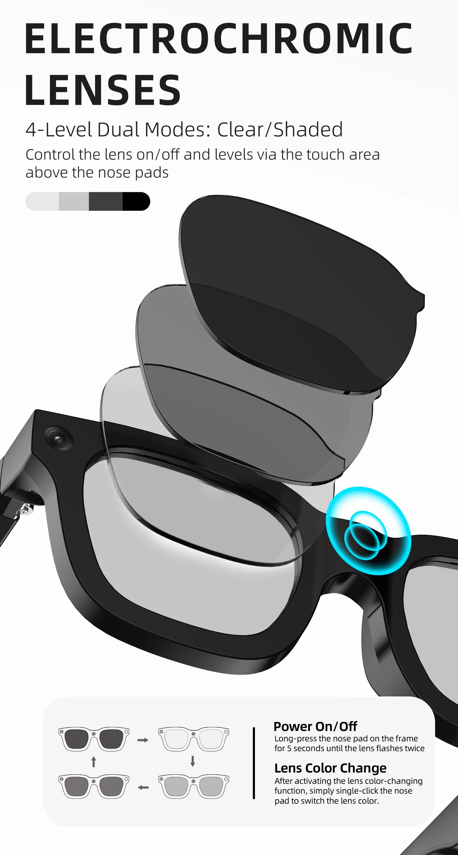 G300C New Technology High Quality Electrochromic Lens 1080p HD Shooting Smart Glasses AI Assistant IP68 Waterproof Voice Control