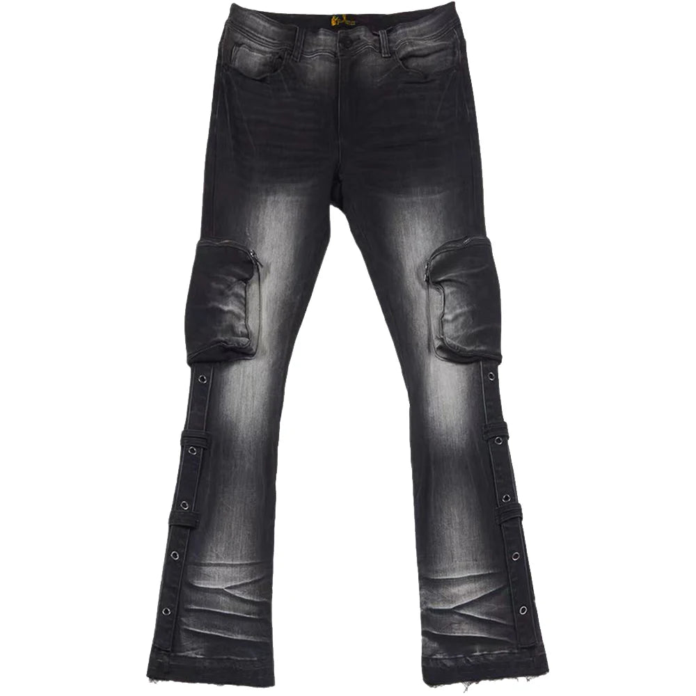 Wangsheng Custom Wholesale Multi-Pocket Flare Cargo Pants Streetwear Practical Denim 6-Pocket Mid Rise Hole Washed Men's Pants