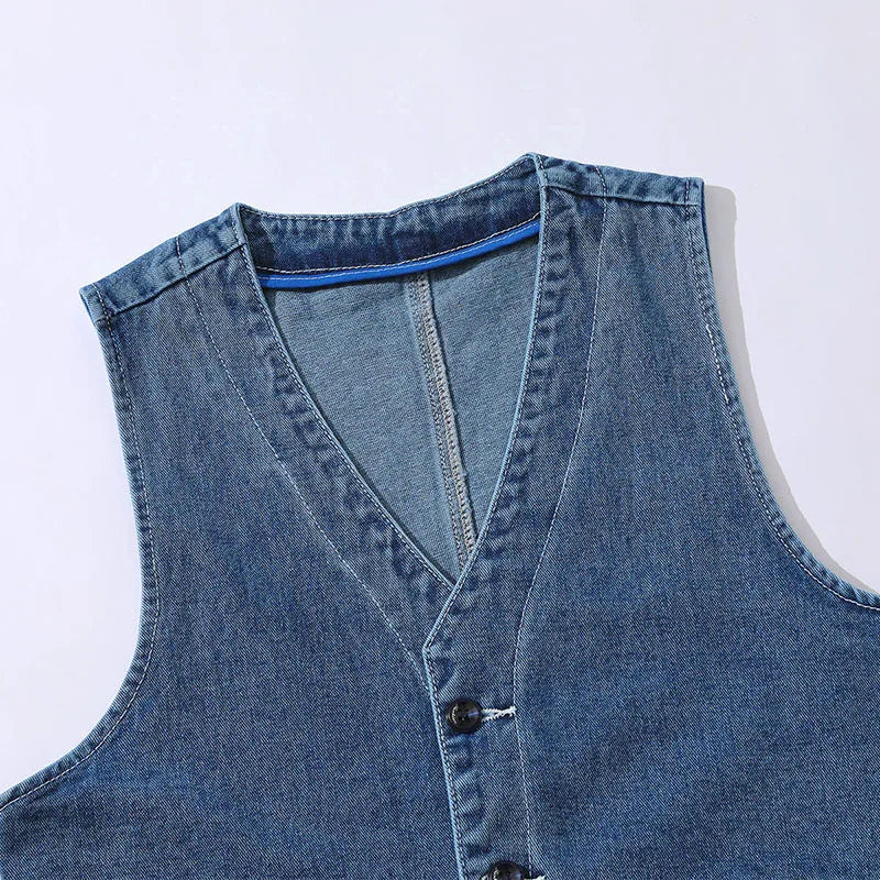 Denim Vest Men's Jacket Spring Autumn Jeans Jacket V-neck Design Korean Vest Loose Casual Fashion All-match Style Male Clothing