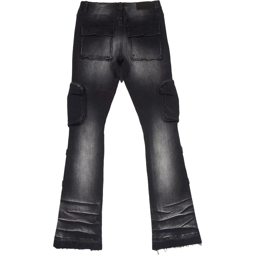 Wangsheng Custom Wholesale Multi-Pocket Flare Cargo Pants Streetwear Practical Denim 6-Pocket Mid Rise Hole Washed Men's Pants