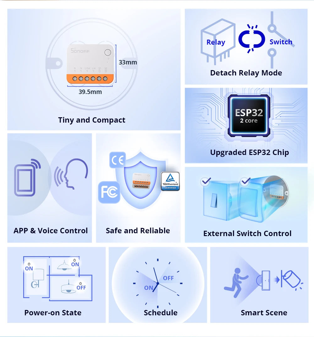 SONOFF MINIR4  MINI Extreme Wi-Fi Smart Switch Super Tiny Size Detach Relay Mode External Switch Control EWeLink APP Control