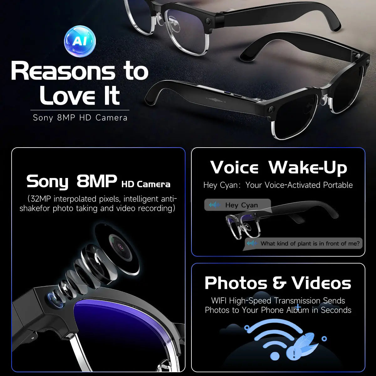 W630 Smart AI Glasses with 8MP HD Camera Video Recording WIFI Transmission Real-time Translation Smart Wearable Headset