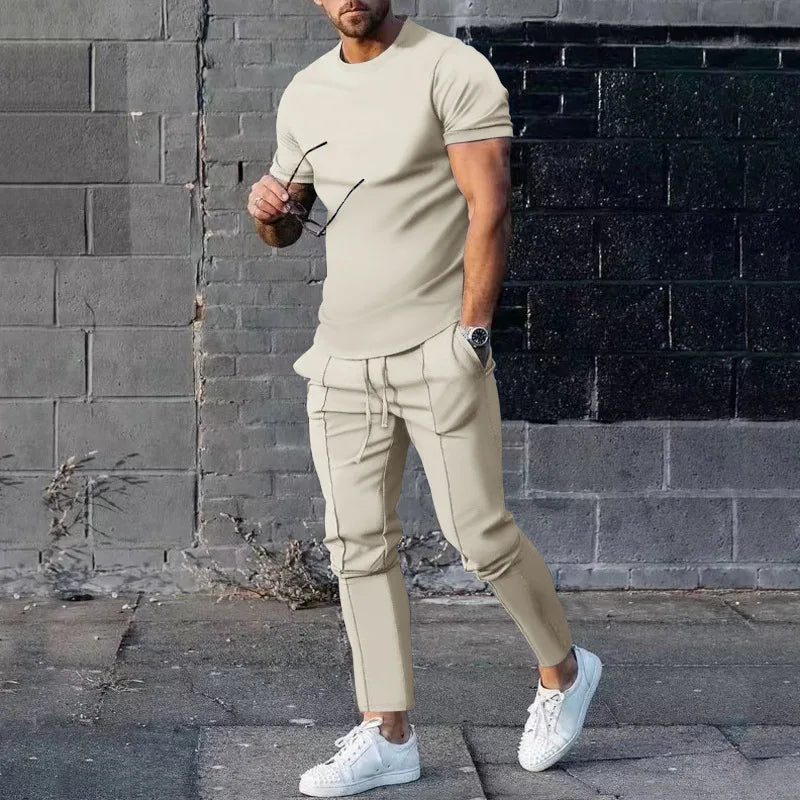 Sports Suit Men's Solid Color Casual Round Neck Short Sleeved Sports T-shirt+pocket Pants Two-piece Set Streetwear - Free Item Weekend (50% off).