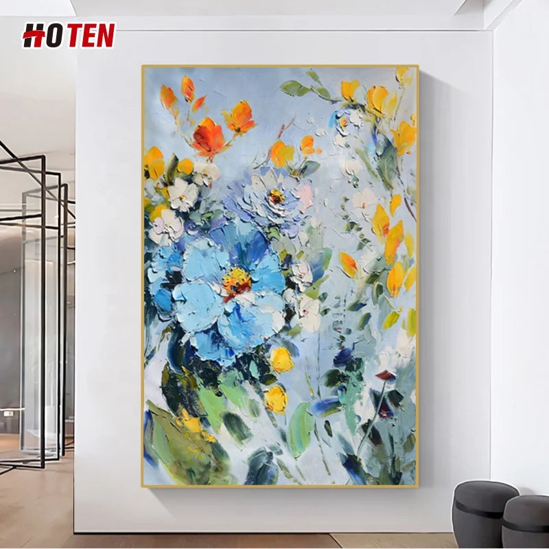 Simple Modern Blue Flower Abstract Oil Painting Hand-Painted Canvas Decorative Painting for Restaurant or Bedroom