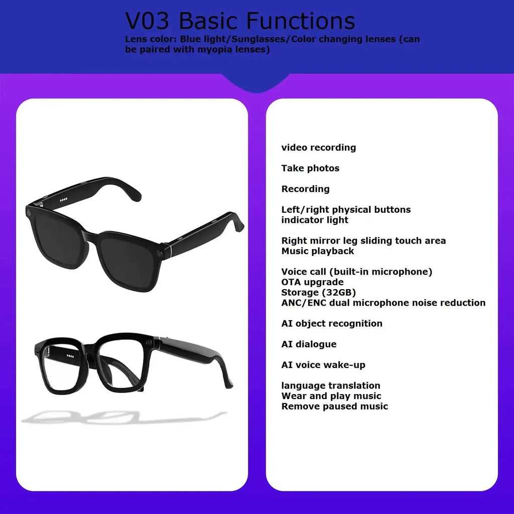 New OEM Smart AI Glasses Camera with Voice Assistant Music Translation Activity Monitoring Speaker Magnetic Charging