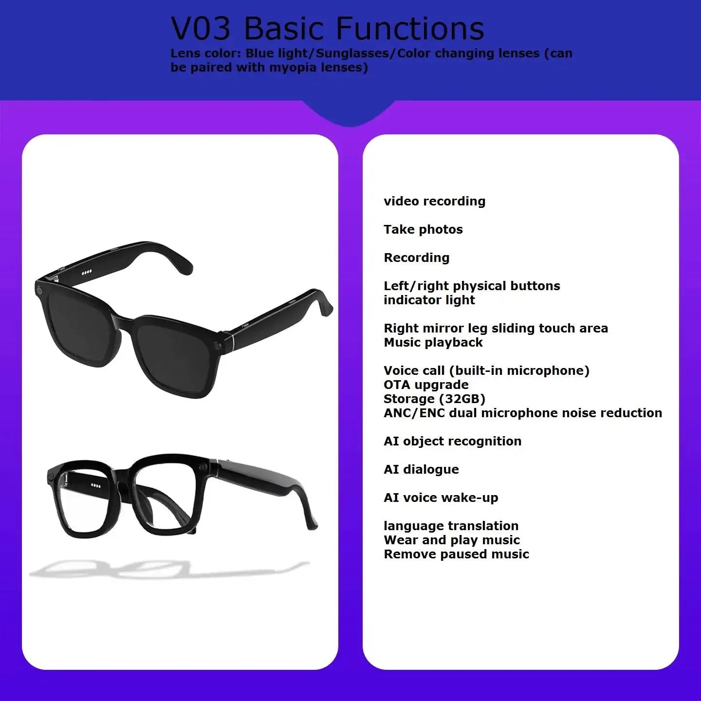 New OEM Smart AI Glasses Camera with Voice Assistant Music Translation Activity Monitoring Speaker Magnetic Charging