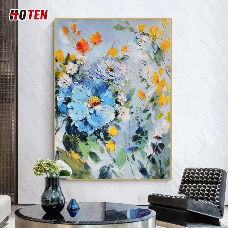 Simple Modern Blue Flower Abstract Oil Painting Hand-Painted Canvas Decorative Painting for Restaurant or Bedroom