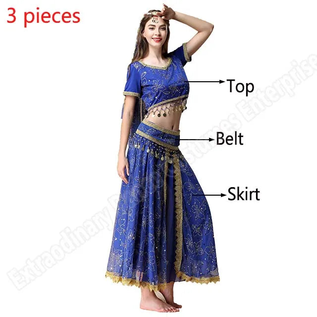 Sari For Women Indian Clothes Sari Bollywood Dress Belly Dance Costume Suit Women Chiffon 5pcs (Headpieces Veil Top Belt Skirt)