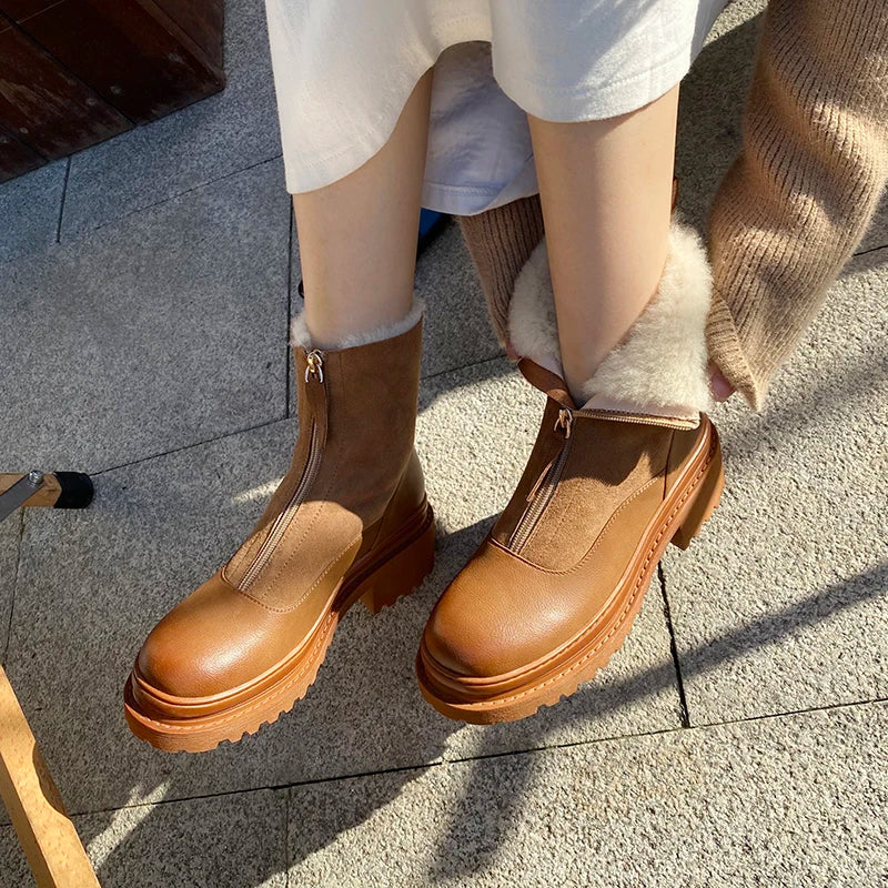 MEZEREON Snow Boots Cow Leather Women Winter Shoes Warm Plush Inside Snow Boots With Zippers 4.5 CM Med Heel Outdoor Botas Mujer