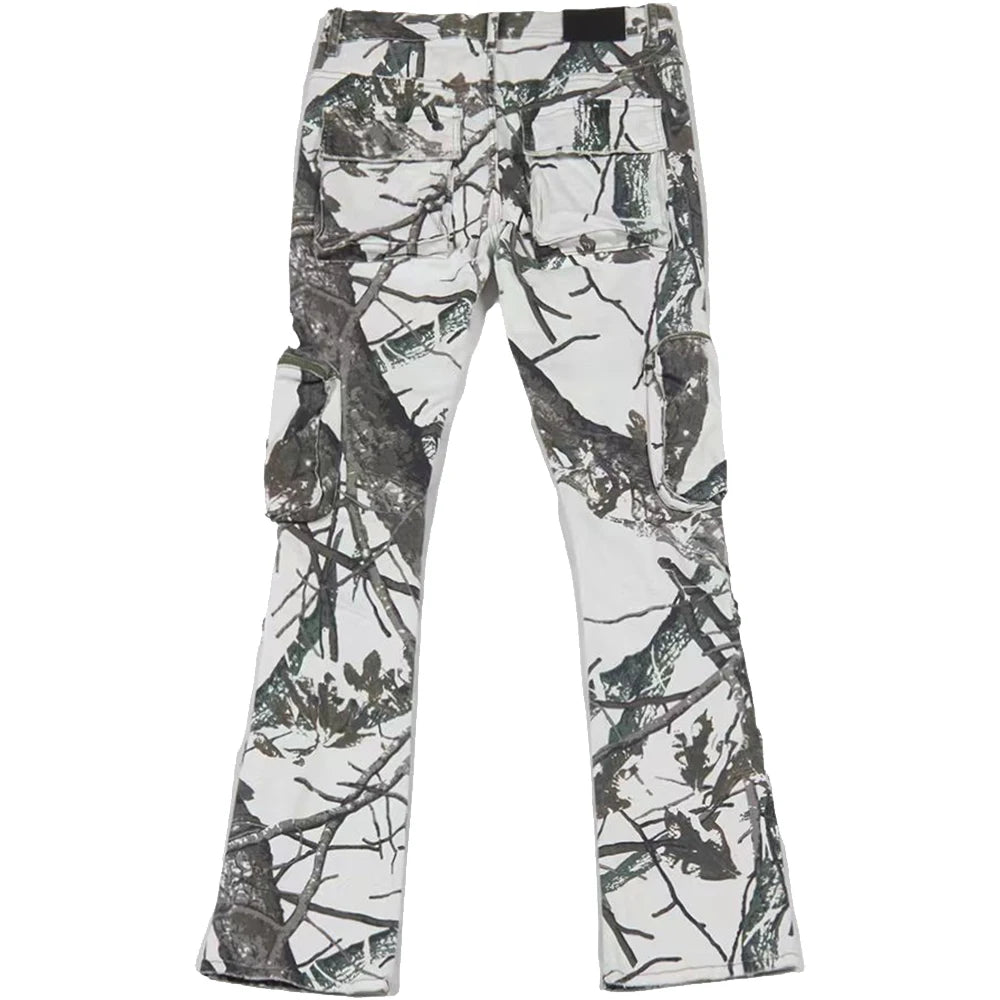 Wangsheng Custom Wholesale Multi-Pocket Flare Cargo Pants Streetwear Practical Denim 6-Pocket Mid Rise Hole Washed Men's Pants