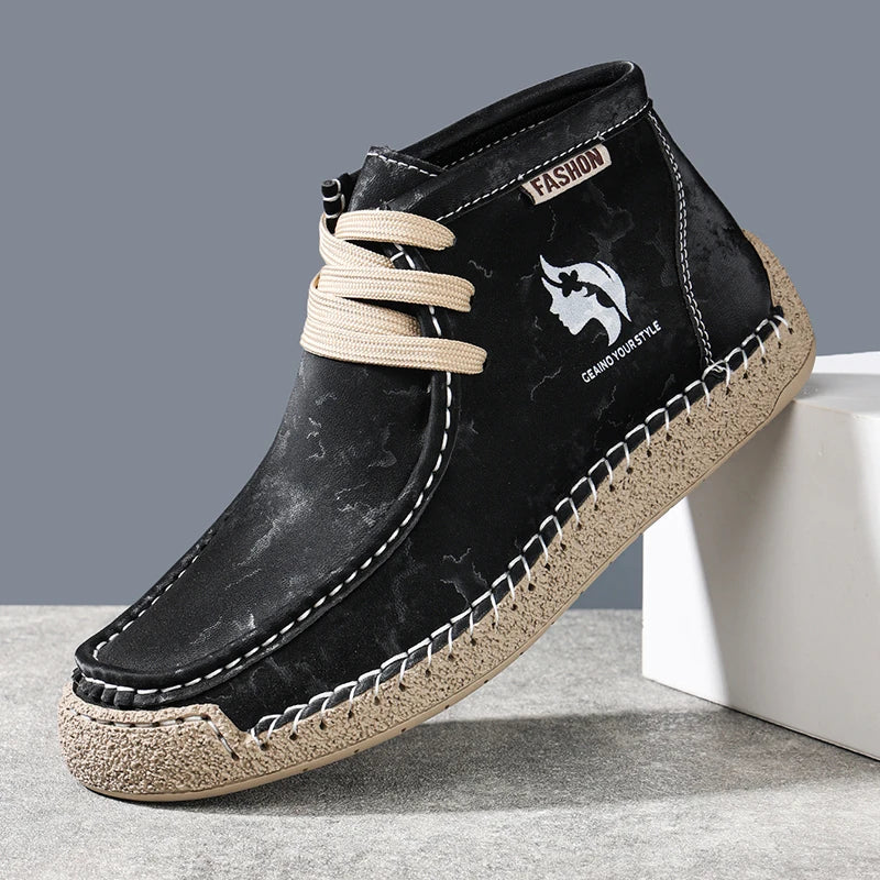 Factory Supply Accept OEM Service Handmade Stitched Microfiber Leather Comfortable Slip-On Middle Top Men Casual Sneaker Boots