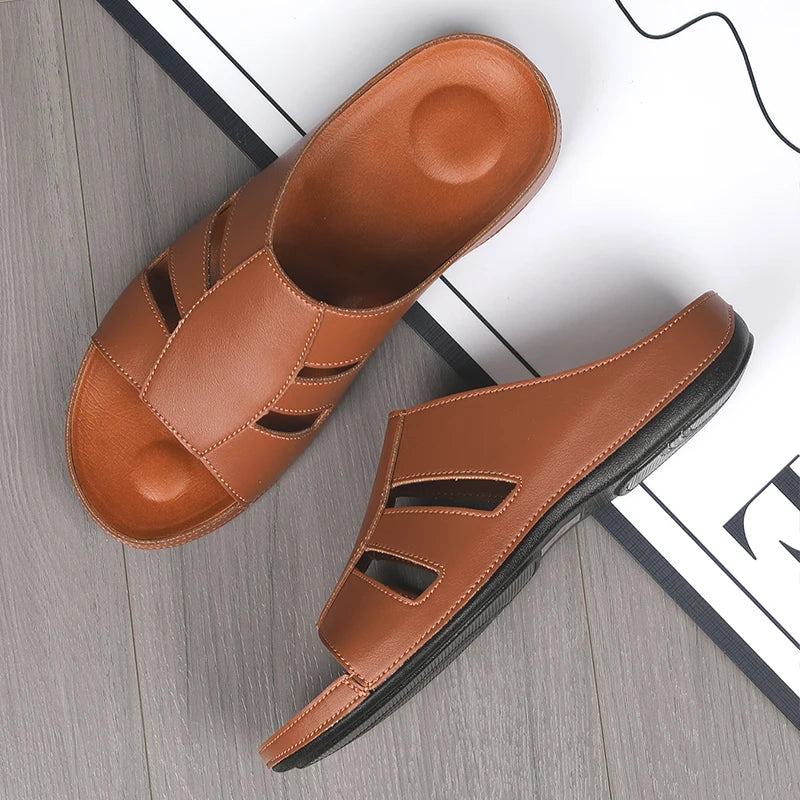 New Models High Quality Dubai Men slippers Leather Slip-on Real Cow Slide Sandals Big Size 46 Hot Sale Small Quantity Brand