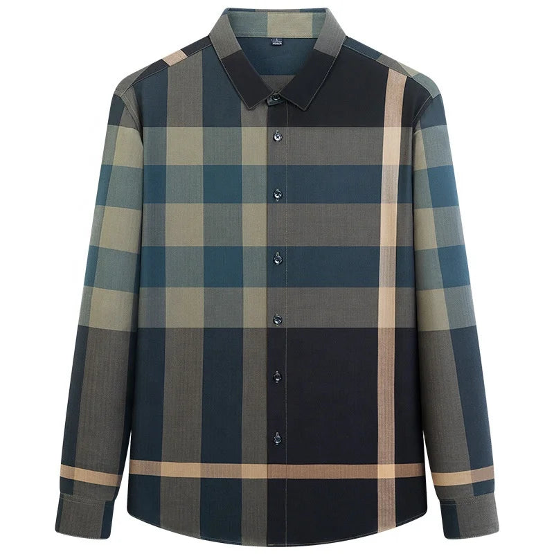 Men's High-End Fashion Long Sleeve Plaid Shirt Casual Non-Iron Striped Design Anti-Pilling Feature for Autumn Season