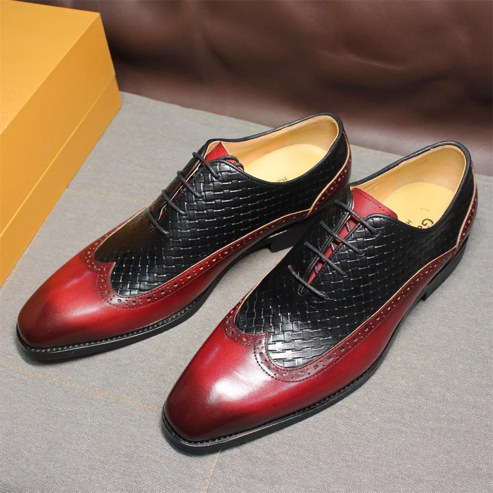 Men's Classic Oxford Leather Shoes Red Black Woven Pattern Embossed Business Dress Shoes Lace-Up Closure PVC Insole Cross-Border