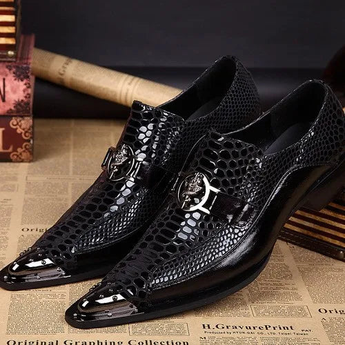 Men's Formal Leather Flats for Weddings Proms Black Metal Pointed Toe Slip-On Closure Height Increasing Party Dress Shoes