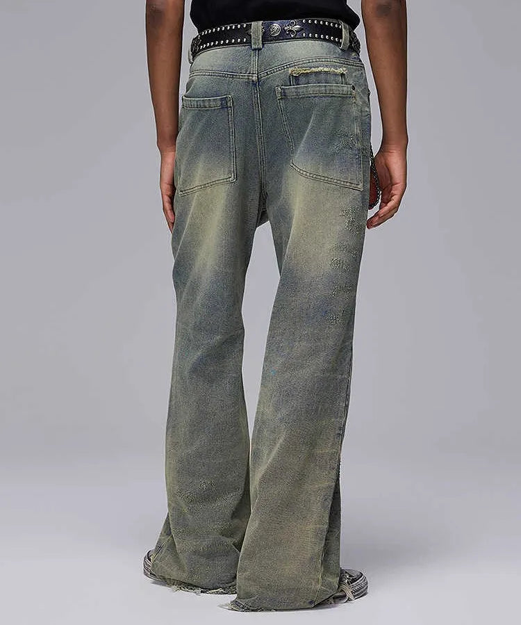 Vintage Retro High Street Style Ripped Fringe Jeans for Men, High-quality Men's Trousers, Factory-made Wide-leg Pants for Men
