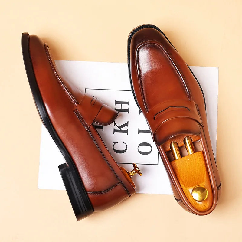 New Design Men Casual Walking Style Smart Genuine Leather Shoes Plus Size Slip-ons Breathable Business Formal Dress Shoes