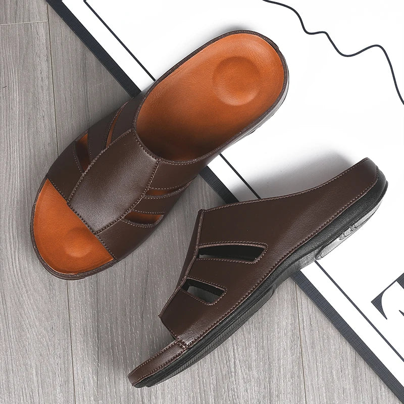 New Models High Quality Dubai Men slippers Leather Slip-on Real Cow Slide Sandals Big Size 46 Hot Sale Small Quantity Brand