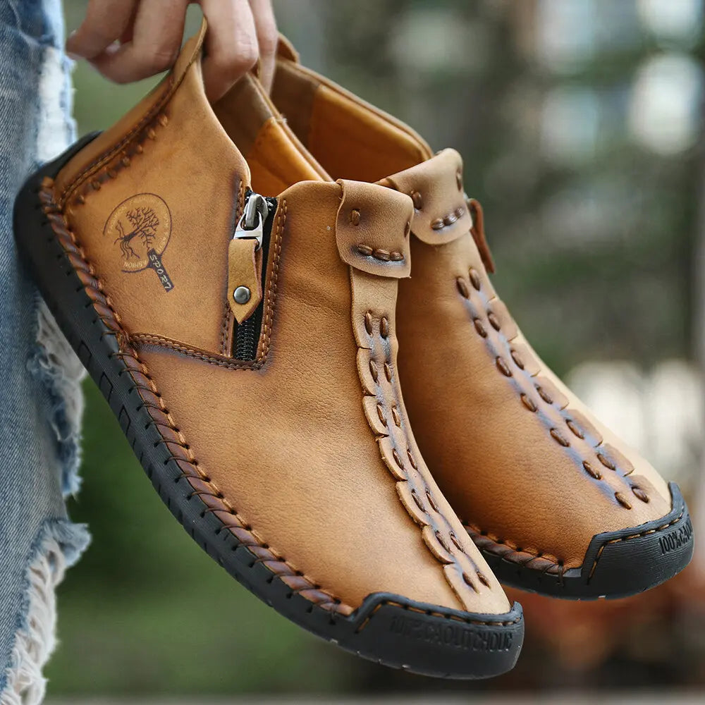 Men's for Martin Western Style Boots Fall/Winter New Large Size Zipper Hand-Sewn Tooling for Outdoor Leisure