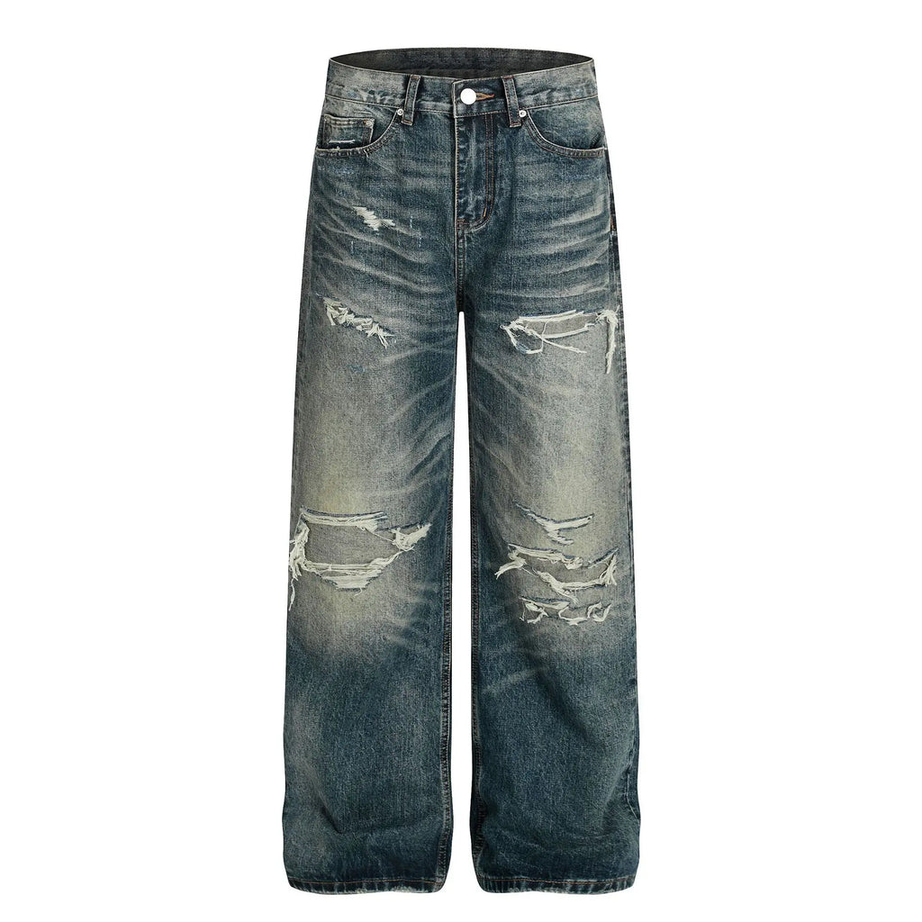 Men's Loose Ripped Jeans - Vintage Distressed Curved Silhouette, Washed Denim, High-End American Streetwear