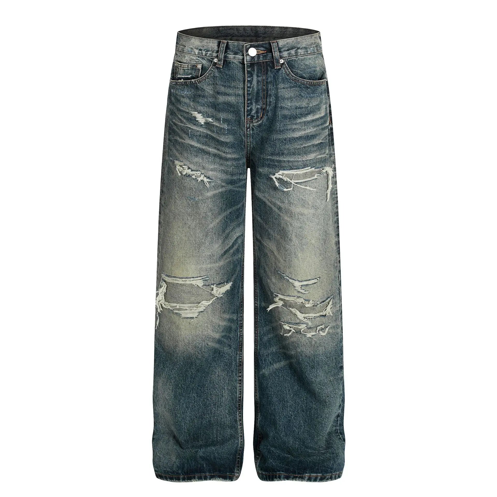 Men's Loose Ripped Jeans - Vintage Distressed Curved Silhouette, Washed Denim, High-End American Streetwear
